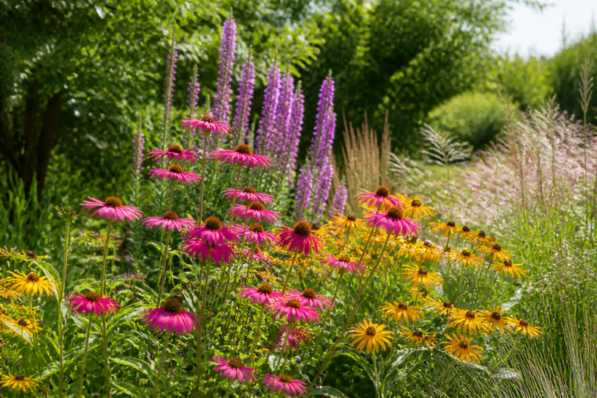 Massif de fleurs vivaces colorées dans un jardin ensoleillé