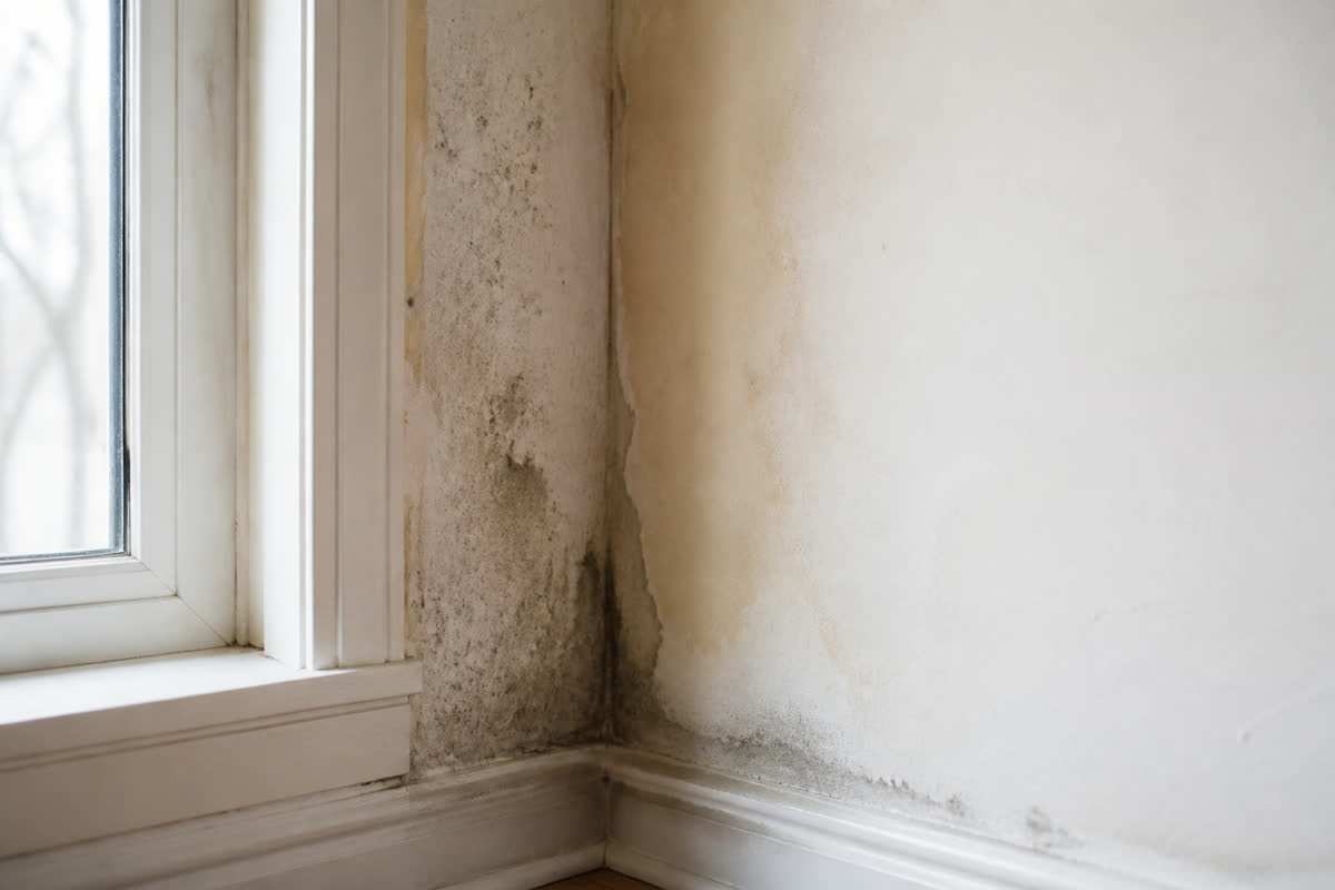 Coin de mur intérieur avec traces d'humidité près d'une fenêtre
