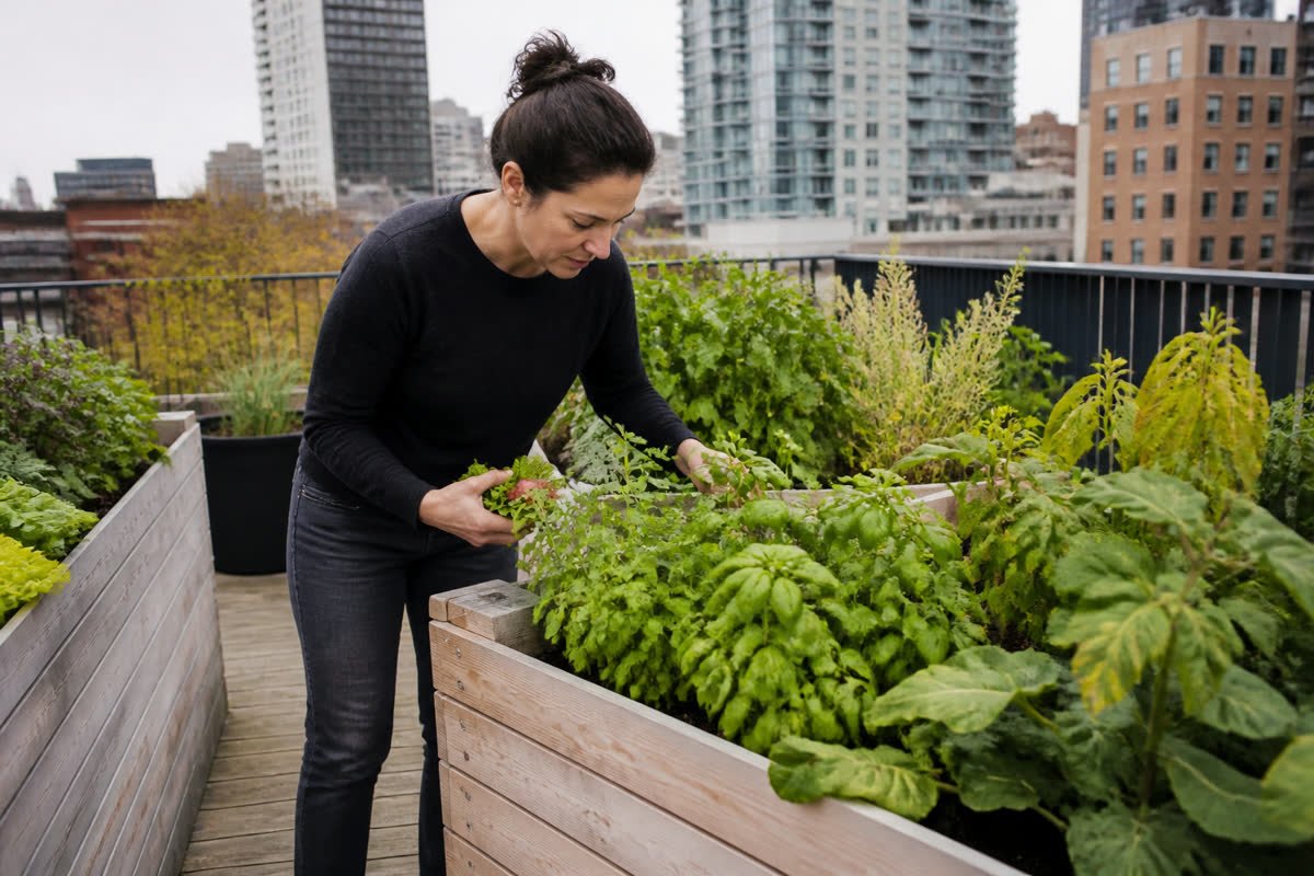 Potager urbain en bacs surélevés sur une terrasse