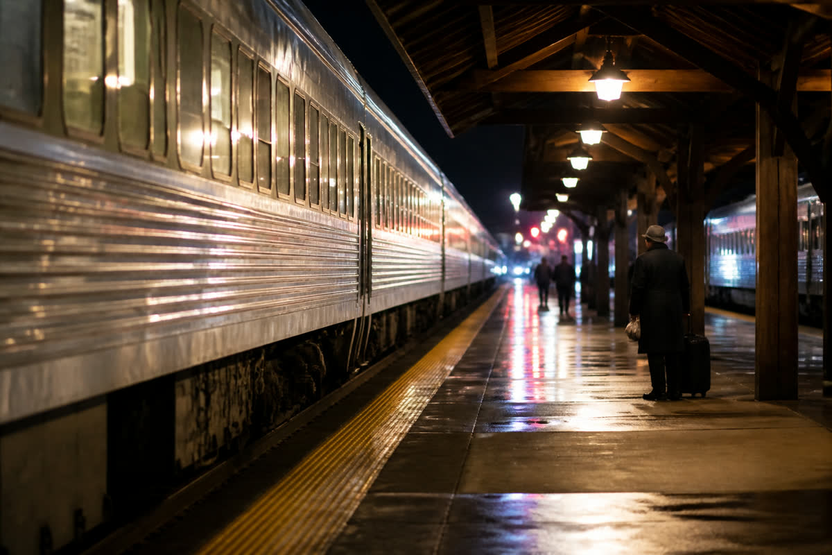 Train de nuit canadien à quai dans une gare éclairée en soirée